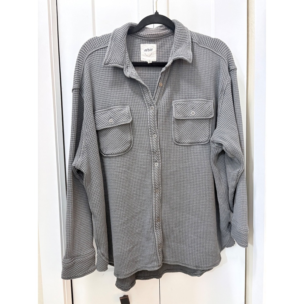 Aerie Womens Gray Waffle Knit Button Down Shirt Oversized Thermal Shacket Medium